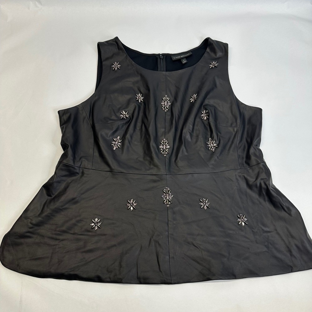 Lane Bryant Womens 22 Black Faux Leather Crystal Embellished Peplum Top